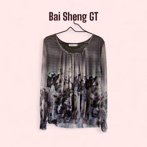 Women’s XL Long Sleeve Sheer Blouse – Gray, Black ,White Floral Pleated Neck Top